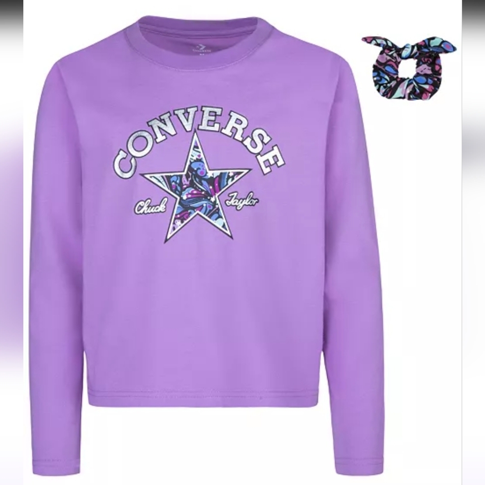 NWT Purple Converse Chuck Taylor long sleeve shirt L(12-13 yrs) with scrunchie